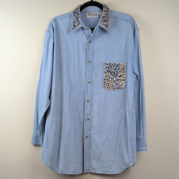 Christine Alexander Light Blue Denim Button Front Shirt with Embellished Details - Picture 1 of 12